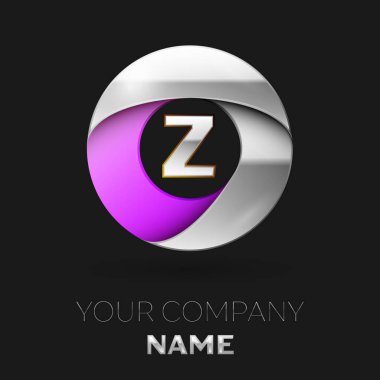 Gerçekçi gümüş harf Z logo sembol siyah arka plan üzerinde renkli gümüş mor daire şeklinde. Tasarımınız için vektör şablonu