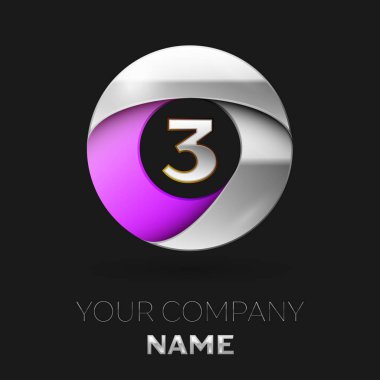 Gerçekçi gümüş üç numara logo sembol siyah arka plan üzerinde renkli gümüş mor daire şeklinde. Tasarımınız için vektör şablonu