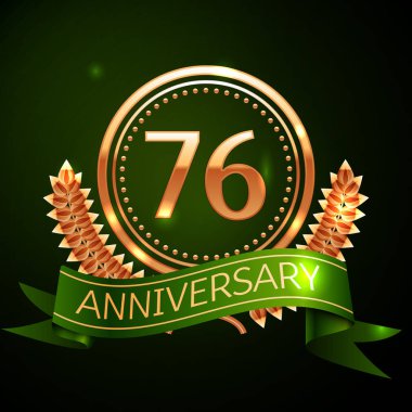 Gerçekçi yetmiş altı yıl yıldönümü kutlama altın yüzük ve tasarım Laurel Wreath, yeşil zemin üzerine yeşil şerit. Renkli vektör şablon öğeleri Doğum günü kutlamak için parti