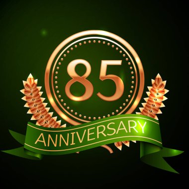 Gerçekçi seksen beş yıl yıldönümü kutlama altın yüzük ve tasarım Laurel Wreath, yeşil zemin üzerine yeşil şerit. Renkli vektör şablon öğeleri Doğum günü kutlamak için parti