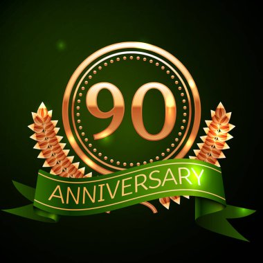Gerçekçi doksan yıl yıldönümü kutlama altın yüzük ve tasarım Laurel Wreath, yeşil zemin üzerine yeşil şerit. Renkli vektör şablon öğeleri Doğum günü kutlamak için parti