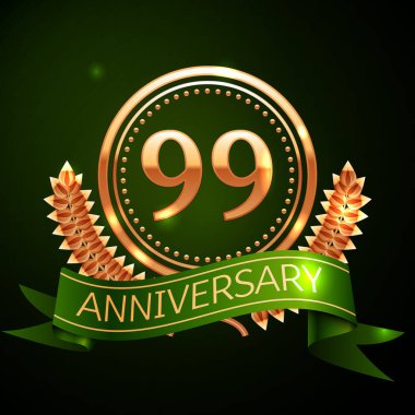 Gerçekçi doksan dokuz yıl yıldönümü kutlama altın yüzük ve tasarım Laurel Wreath, yeşil zemin üzerine yeşil şerit. Renkli vektör şablon öğeleri Doğum günü kutlamak için parti