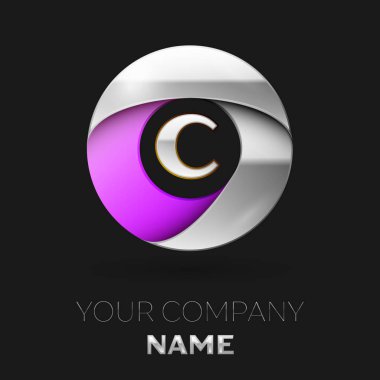 Gerçekçi gümüş harf C logo sembol siyah arka plan üzerinde renkli gümüş mor daire şeklinde. Tasarımınız için vektör şablonu
