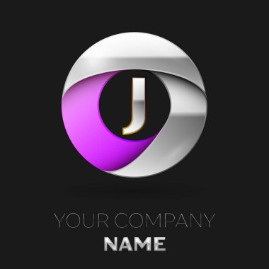 Gerçekçi gümüş harf J logo sembol siyah arka plan üzerinde renkli gümüş mor daire şeklinde. Tasarımınız için vektör şablonu