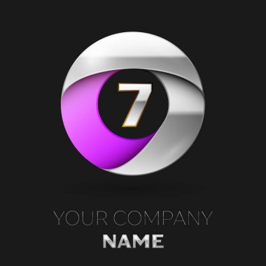 Gerçekçi gümüş yedi numara logo sembol siyah arka plan üzerinde renkli gümüş mor daire şeklinde. Tasarımınız için vektör şablonu