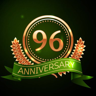 Gerçekçi doksan altı yıl yıldönümü kutlama altın yüzük ve tasarım Laurel Wreath, yeşil zemin üzerine yeşil şerit. Renkli vektör şablon öğeleri Doğum günü kutlamak için parti