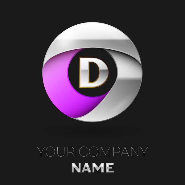 Realistické stříbrné písmeno D logo symbol v barevné stříbrné fialová kruhového tvaru na černém pozadí. Vektor šablona pro návrh — Stockový vektor