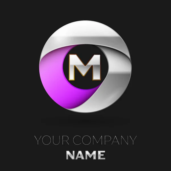 逼真的银色字母 M 标志符号在彩色银紫色圆圈形状上黑色背景。用于设计的矢量模板 — 图库矢量图片