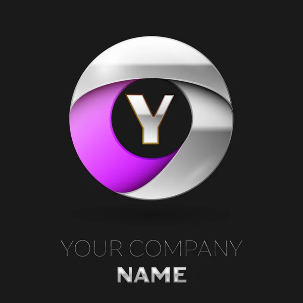 Letra de plata realista Y símbolo del logotipo en la forma de círculo de color plata-púrpura sobre fondo negro. Plantilla vectorial para su diseño — Archivo Imágenes Vectoriales