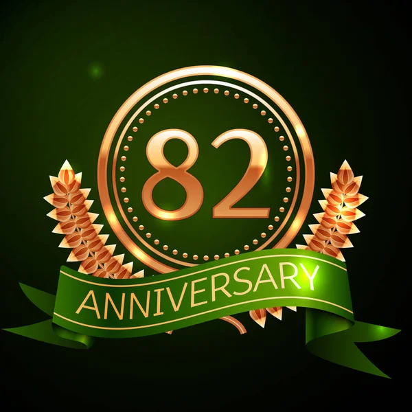 Realistic Eighty two Years Anniversary Celebration Design with Golden Ring and Laurel Wreath, green ribbon on green background. Colorful Vector template elements for your birthday celebrating party — Stock Vector