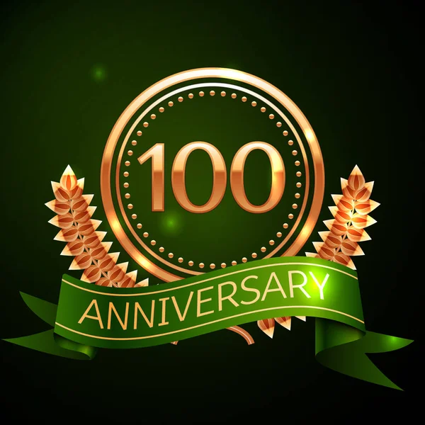 Realistic Hundred Years Anniversary Celebration Design con anillo de oro y corona de laurel, cinta verde sobre fondo verde. Coloridos elementos de plantilla Vector para su fiesta de celebración de cumpleaños — Vector de stock