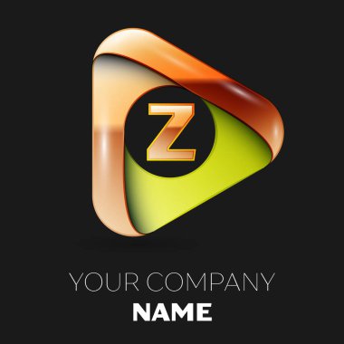 Gerçekçi altın harf Z logo sembol siyah zemin üzerine altın-yeşil üçgen şeklinde. Tasarımınız için vektör şablonu