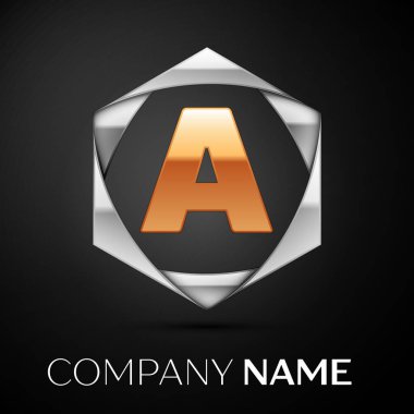 Altın renkli gümüş siyah arka plan üzerine altıgen bir logo simge mektup. Tasarımınız için vektör şablonu