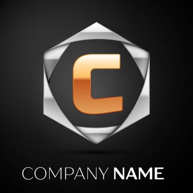 Siyah arka plan üzerine altıgen renkli gümüş altın harfi C logo simge. Tasarımınız için vektör şablonu