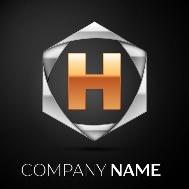 Siyah arka plan üzerine altıgen renkli gümüş altın H harfi logo simge. Tasarımınız için vektör şablonu