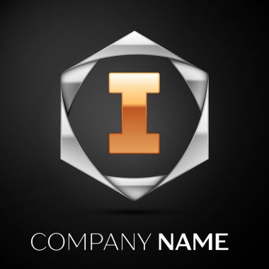 Altın harf ı logo sembol siyah arka plan üzerine altıgen renkli gümüş. Tasarımınız için vektör şablonu