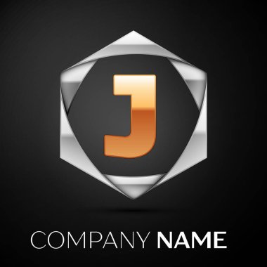 Siyah arka plan üzerine altıgen renkli gümüş altın harf J logo simge. Tasarımınız için vektör şablonu