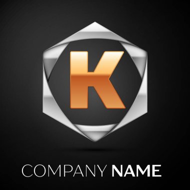 Siyah arka plan üzerine altıgen renkli gümüş altın harf K logo simge. Tasarımınız için vektör şablonu