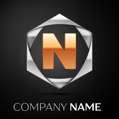 Siyah arka plan üzerine altıgen renkli gümüş altın harf N logo simge. Tasarımınız için vektör şablonu