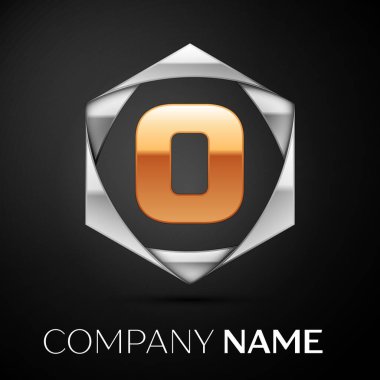 Siyah arka plan üzerine altıgen renkli gümüş altın harf O logo simge. Tasarımınız için vektör şablonu