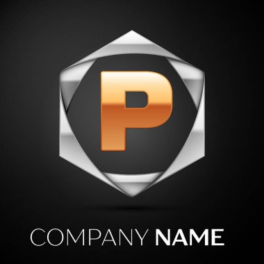 Siyah arka plan üzerine altıgen renkli gümüş altın harf P logo simge. Tasarımınız için vektör şablonu