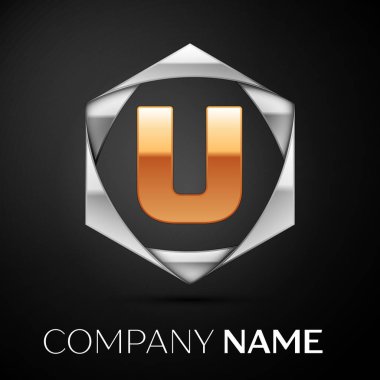 Siyah arka plan üzerine altıgen renkli gümüş altın harf U logo simge. Tasarımınız için vektör şablonu