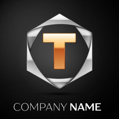 Siyah arka plan üzerine altıgen renkli gümüş altın mektup T logo simge. Tasarımınız için vektör şablonu