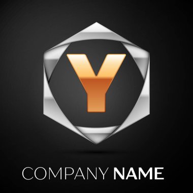 Siyah arka plan üzerine altıgen renkli gümüş altın harf Y logo simge. Tasarımınız için vektör şablonu