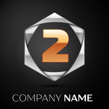 Altın iki numara logo sembol siyah arka plan üzerine altıgen renkli gümüş. Tasarımınız için vektör şablonu