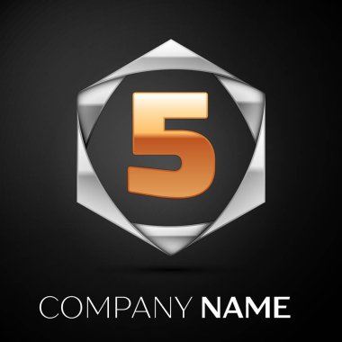 Altın beş numara logo sembol siyah arka plan üzerine altıgen renkli gümüş. Tasarımınız için vektör şablonu