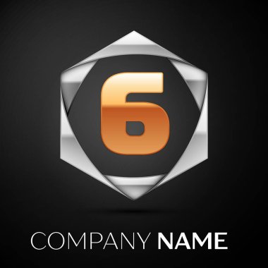 Altın altı numara logo sembol siyah arka plan üzerine altıgen renkli gümüş. Tasarımınız için vektör şablonu