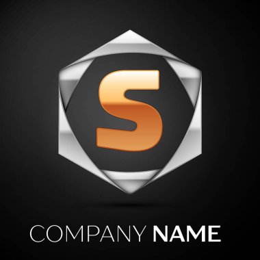 Siyah arka plan üzerine altıgen renkli gümüş altın S harfi logo simge. Tasarımınız için vektör şablonu