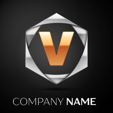 Siyah arka plan üzerine altıgen renkli gümüş altın harf V logo simge. Tasarımınız için vektör şablonu