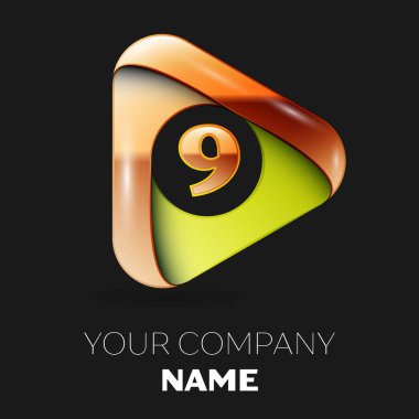 Gerçekçi altın Number Nine logo sembol siyah zemin üzerine altın-yeşil üçgen şeklinde. Tasarımınız için vektör şablonu