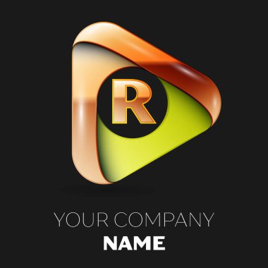 Gerçekçi altın harf R logo sembol siyah zemin üzerine altın-yeşil üçgen şeklinde. Tasarımınız için vektör şablonu
