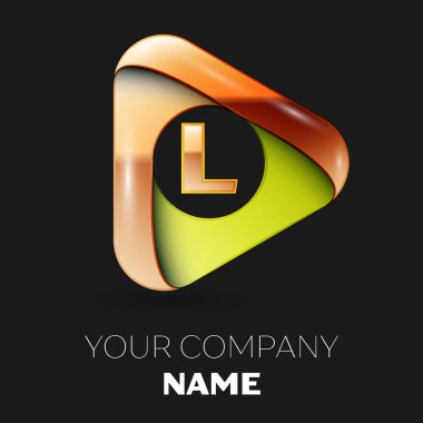 Gerçekçi altın L harfi logo sembol siyah zemin üzerine altın-yeşil üçgen şeklinde. Tasarımınız için vektör şablonu