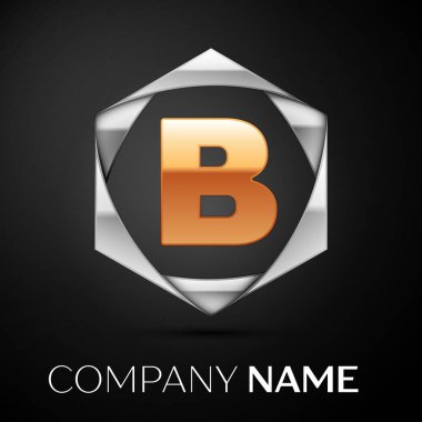Siyah arka plan üzerine altıgen renkli gümüş altın mektup B logo simge. Tasarımınız için vektör şablonu