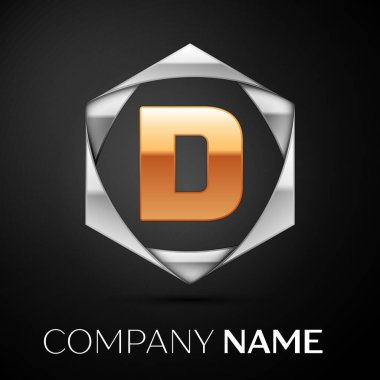 Siyah arka plan üzerine altıgen renkli gümüş altın harf D logo simgesi. Tasarımınız için vektör şablonu