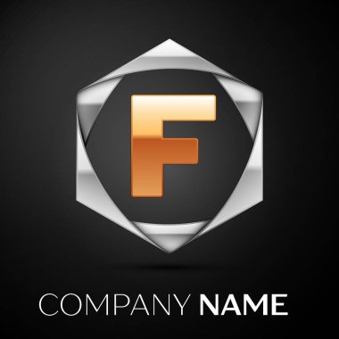 Siyah arka plan üzerine altıgen renkli gümüş altın harf F logo simge. Tasarımınız için vektör şablonu