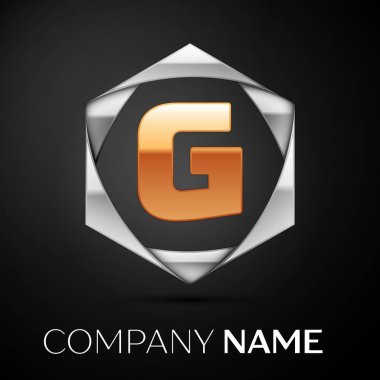 Siyah arka plan üzerine altıgen renkli gümüş altın harf G logo simge. Tasarımınız için vektör şablonu