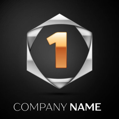 Renkli gümüş siyah arka plan üzerine altıgen altın bir logo simge. Tasarımınız için vektör şablonu