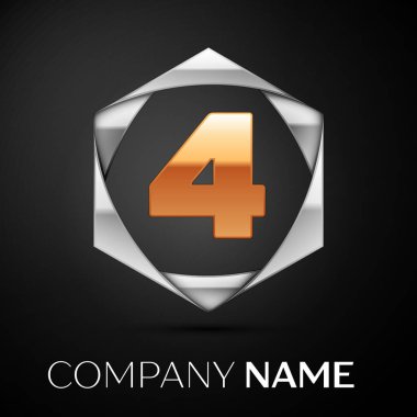 Altın dört numara logo sembol siyah arka plan üzerine altıgen renkli gümüş. Tasarımınız için vektör şablonu
