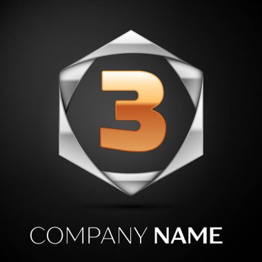 Altın üç numara logo sembol siyah arka plan üzerine altıgen renkli gümüş. Tasarımınız için vektör şablonu