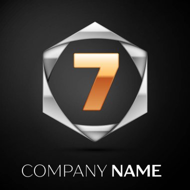 Altın yedi numara logo sembol siyah arka plan üzerine altıgen renkli gümüş. Tasarımınız için vektör şablonu