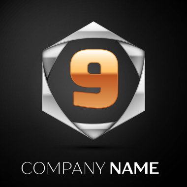 Altın Number Nine logo sembol siyah arka plan üzerine altıgen renkli gümüş. Tasarımınız için vektör şablonu
