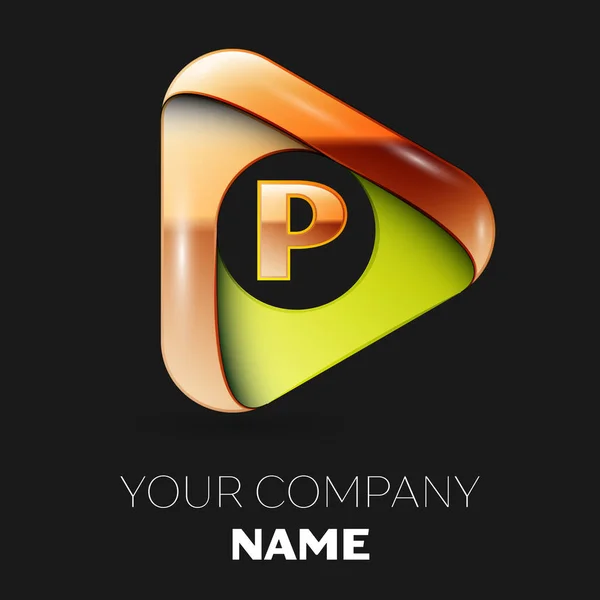 Letra dourada realista símbolo do logotipo P em forma de triângulo dourado-verde no fundo preto. Modelo de vetor para o seu projeto —  Vetores de Stock