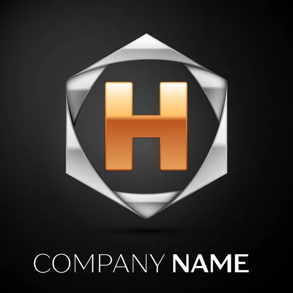 Or Lettre H logo symbole dans le hexagonal argent coloré sur fond noir. Modèle vectoriel pour votre conception — Image vectorielle