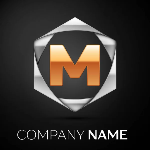 Золота літера M логотип символ в барвистому срібному шестикутнику на чорному тлі. Векторний шаблон вашого дизайну — стоковий вектор
