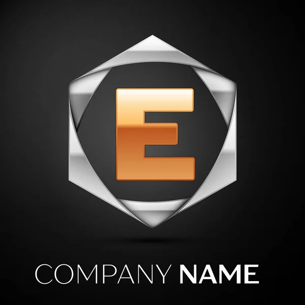 Goldener Buchstabe e Logo-Symbol in der bunten silbernen Sechseck auf schwarzem Hintergrund. Vektorvorlage für Ihr Design — Stockvektor
