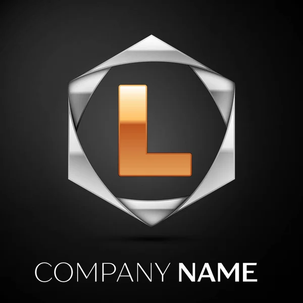 Or Lettre L symbole du logo dans l'hexagonal argent coloré sur fond noir. Modèle vectoriel pour votre conception — Image vectorielle